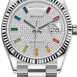 Rolex Day-Date White Gold Diamond-Paved Gemstone Dial Women's Watch M128239-0019